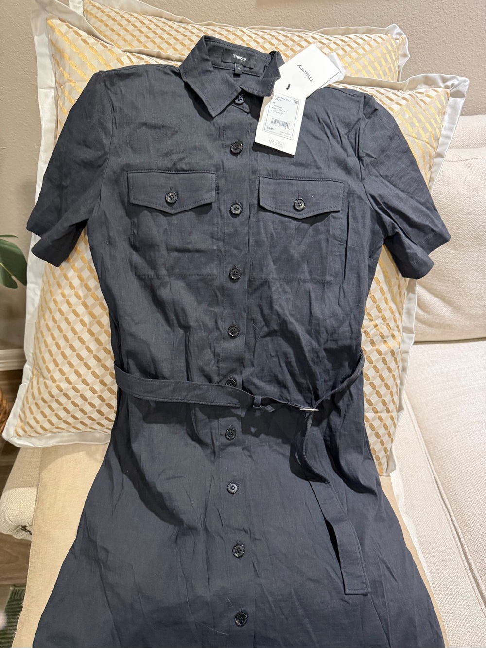 Theory Black Short-Sleeve Button Shirt Dress with Tie Waist